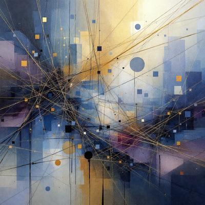 The primary subject of the image is a large, abstract painting featuring a mix of colors and patterns. The setting is a gallery or exhibition space, showcasing the artwork. The visual style is a combination of digital art and illustration, creating a unique and intricate design. The dominant colors in the painting are blue, purple, and yellow, giving the artwork a vibrant and lively atmosphere.
